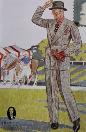 Herringbone suit with burgundy gloves, shirt and pocket square