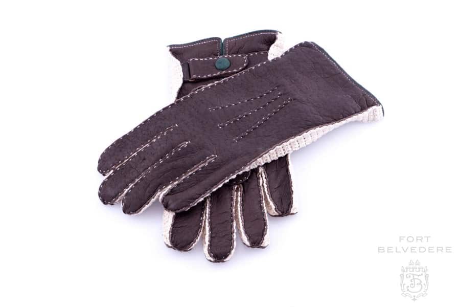 Peccary Gloves in Dark Chocolate Brown withcontrast stitching & crochet with snap button by Fort Belvedere