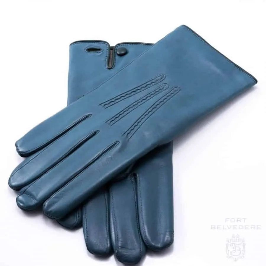 Petrol Blue Men's Gloves with Button in Lamb Nappa Leather