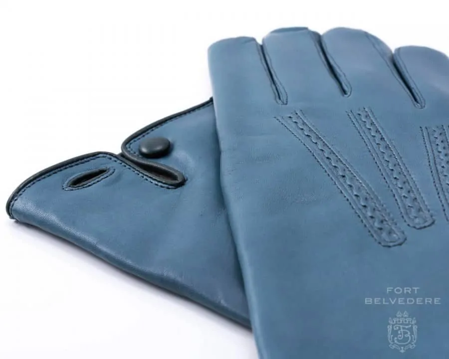 Petrol Blue Men's Gloves with Button in Lamb Nappa Leather with Fort belvedere Signature Green Button and Piping
