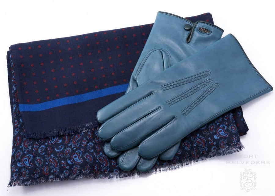 Petrol Blue Men's Gloves with Folded Reversible Scarf in Navy Blue & Red Silk Wool Polka Dots & Paisley