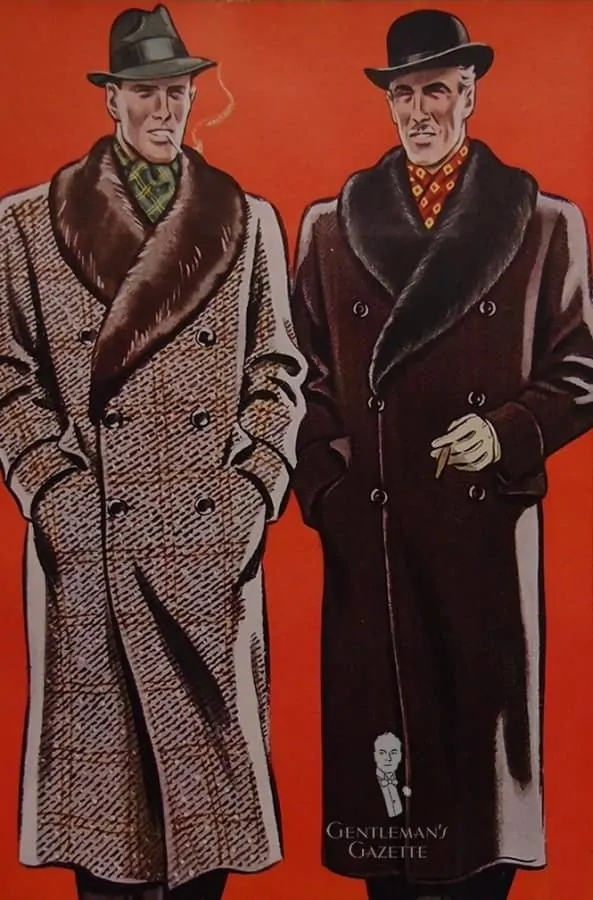 Ulster inspired overcoats with fur shawl collars for men paired with silk scarves from 1937