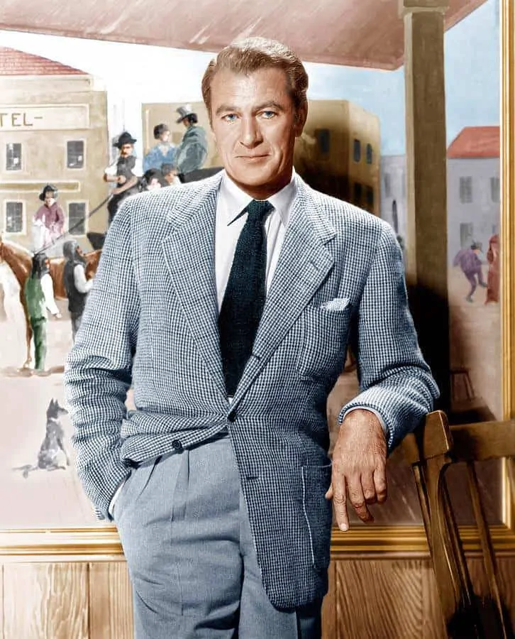 Gary Cooper's 1940's wearing a tweed jacket and knitted tie and grey pants