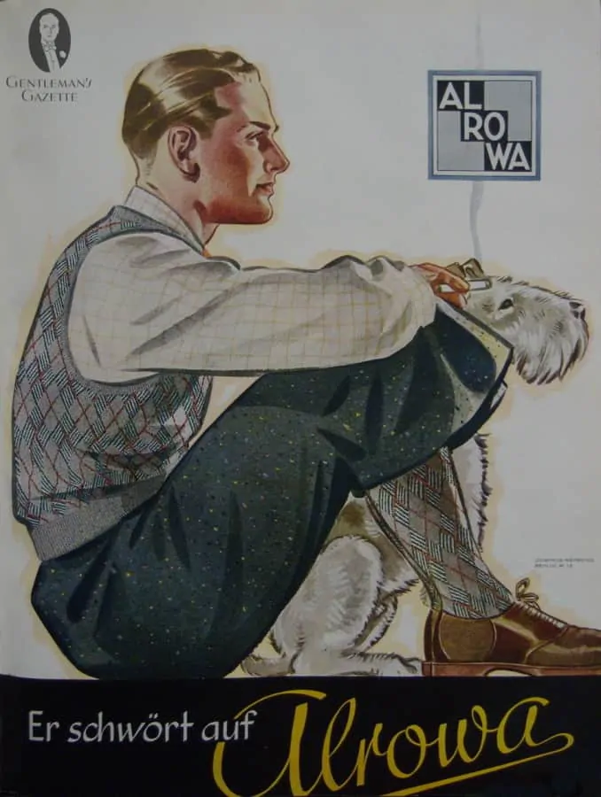 Ad for Alrowa. Note the matching of 3 patterns with the socks and vest being the same pattern. Brown saddle shoes must have been the latest thing in Germany 1937