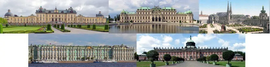 TLTR: Drottningholm Palace, Drottningholm, Sweden, Upper Belvedere Palace, Vienna, Austria, Zwinger Palace, Dresden, Germany BLTR: Winter Palace, St. Pertersburg, Russia, New Palace, Potsdam, Germany