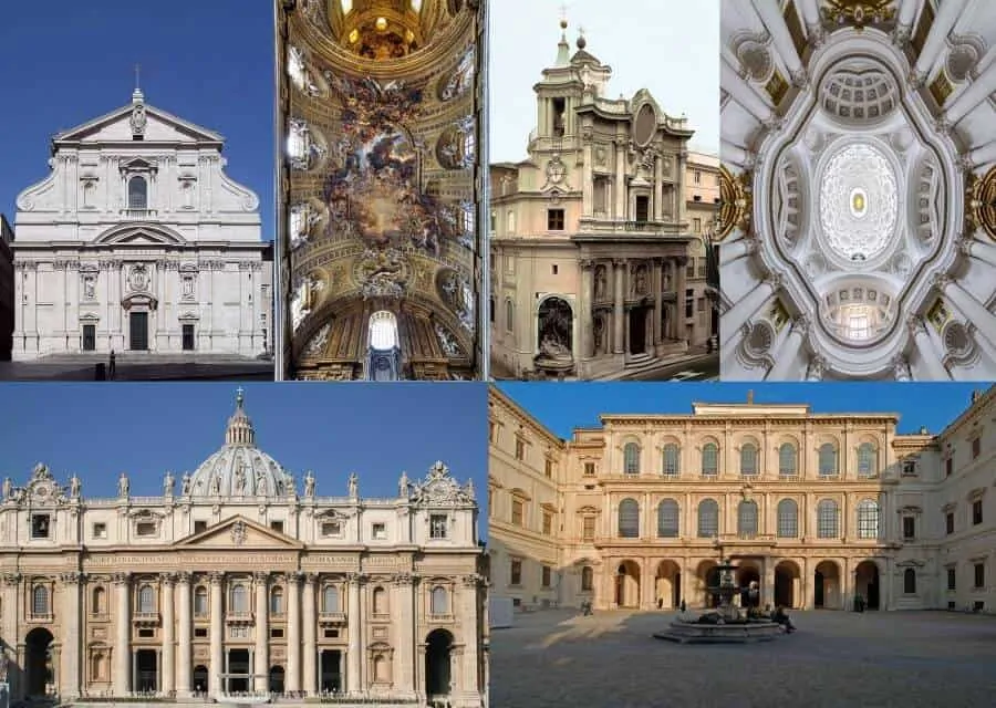 TLTR Façade and interior of the Church of the Gesù, Façade and interior of the Church of Saint Charles at the four Fountains BLTR St. Peter's Basilica with Maderno’s Baroque façade, Bernini's Baroque facade, Palazzo Barberini - all Rome, Italy