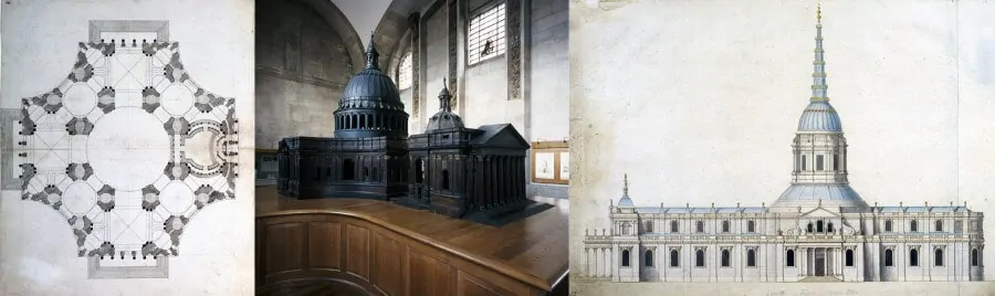 LTR: Wren's initial Greek Cross design for St. Paul's Cathedral, which was inspired by the  Dome of Les Invalides in Paris, The Great Model of 1673 showing the evolution of the greek cross floor plan of Wren's first design with the addition of a nave on the western side, The Warrant Design as approved by Charles II