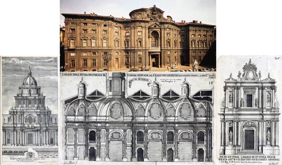 T: Palazzo Carignano, Turin BLTR Etching showing the design of the façade for Sainte Anne-la-Royale, Paris, France (never-completed), Etching showing the interior design for St. Mary Our Lady of Divine Providence, Lisbon, Portugal (destroyed during the earthquake of 1755), Etching showing the design of the façade for St. Mary of Altötting, Praque, Czech-Republic