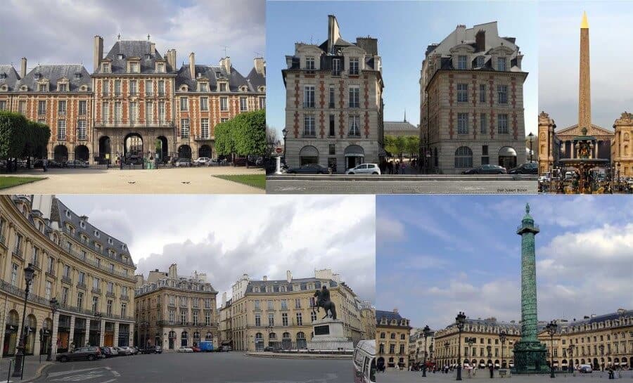 TLTR: View of the Place des Vosges and the Pavillion de la Reine, View of the two buildings flanking the entrance to the Place Dauphine, View of the Place de la Concorde with the Obelisk of Luxor BLTR: View of the Place des Victoires and the statue of Louis XIV, View of the Place Vendôme with the Vendôme Column at the center - all Paris, France