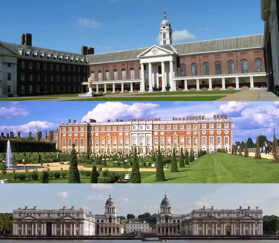 TTB Royal Hospital Chelsea, Chelsea, London, England,  View from the Privy Garden towards the southern front of Hampton Court, Greater London, England, View of Greenwich Hospital with Inigo Jones's Queen's House in the center background, Greenwich, London, England