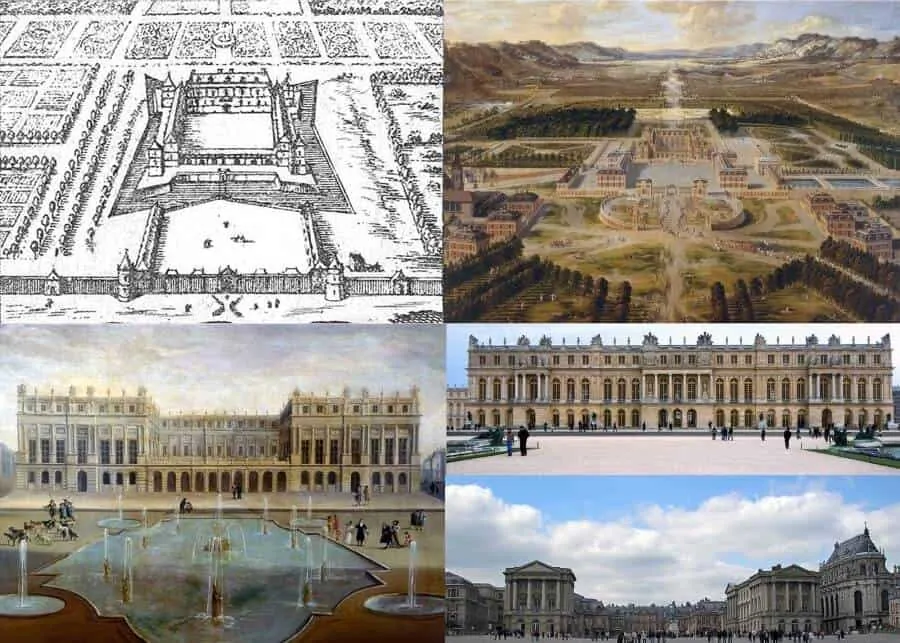 Versailles as hunting lodge in 1652 and after the campaigns of 1664 - 1669 - 1678 - 1699