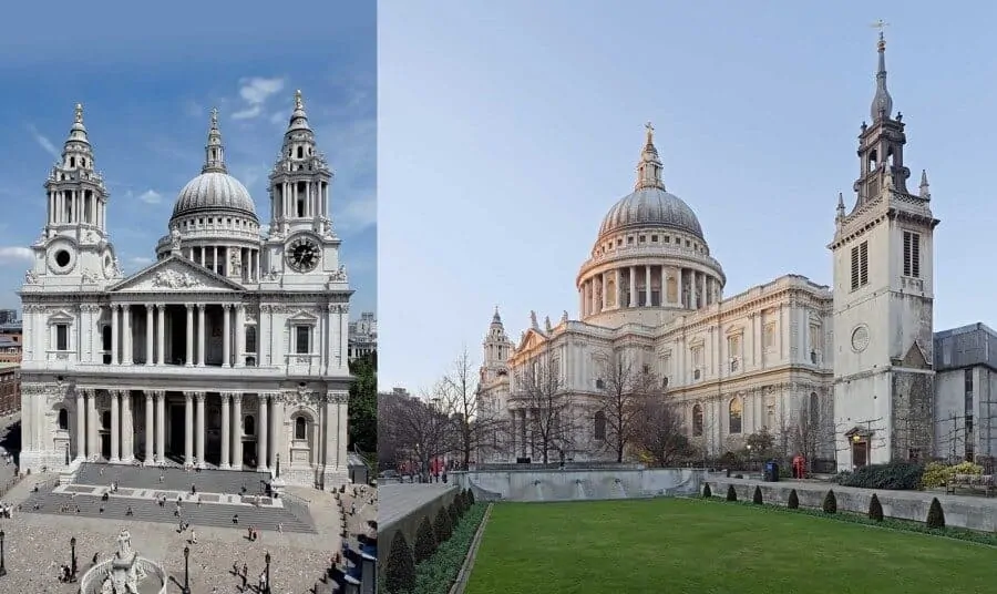 Western and south-eastern views of St. Pauls Cathedral, London, England