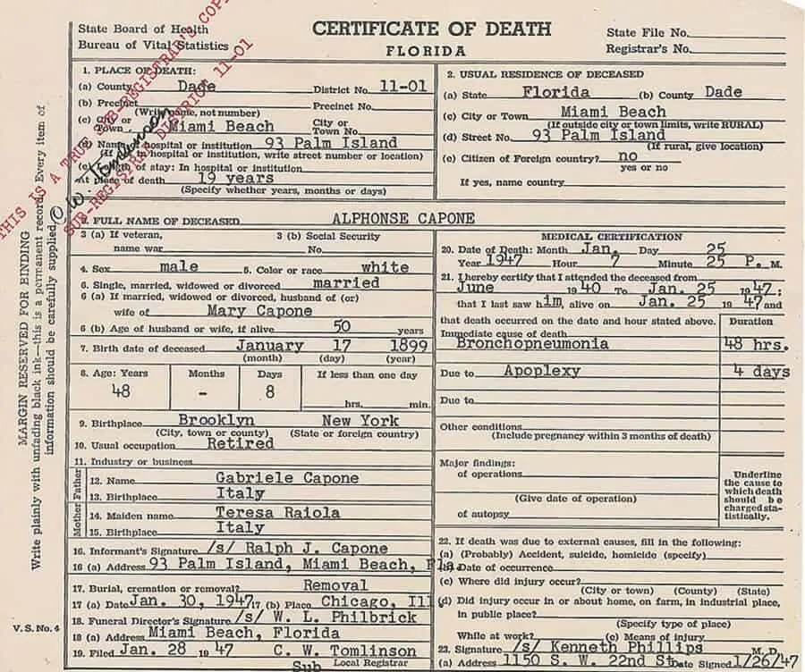 Al Capone's Death Certificate