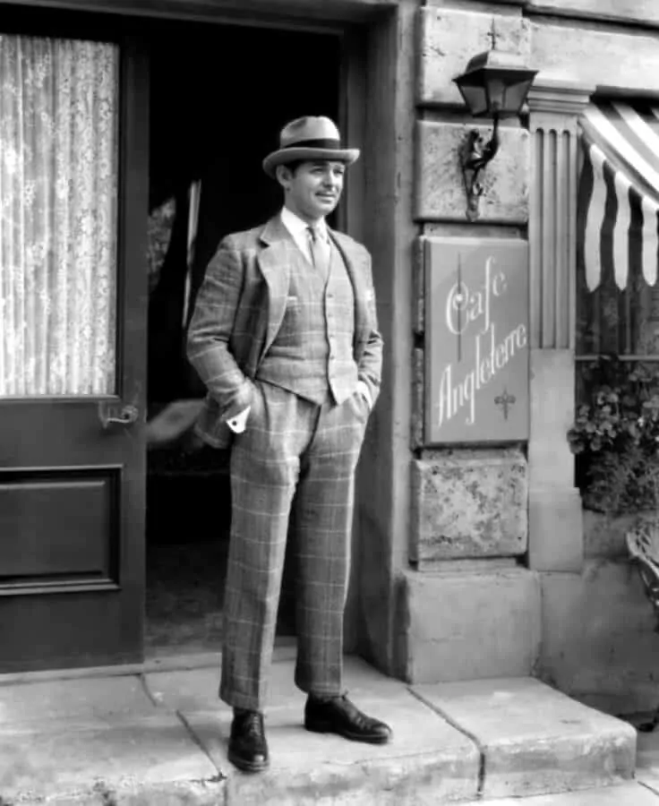 Clark Gable in a fedora hat paired with a windowpane 3 piece suit - note the trouser length