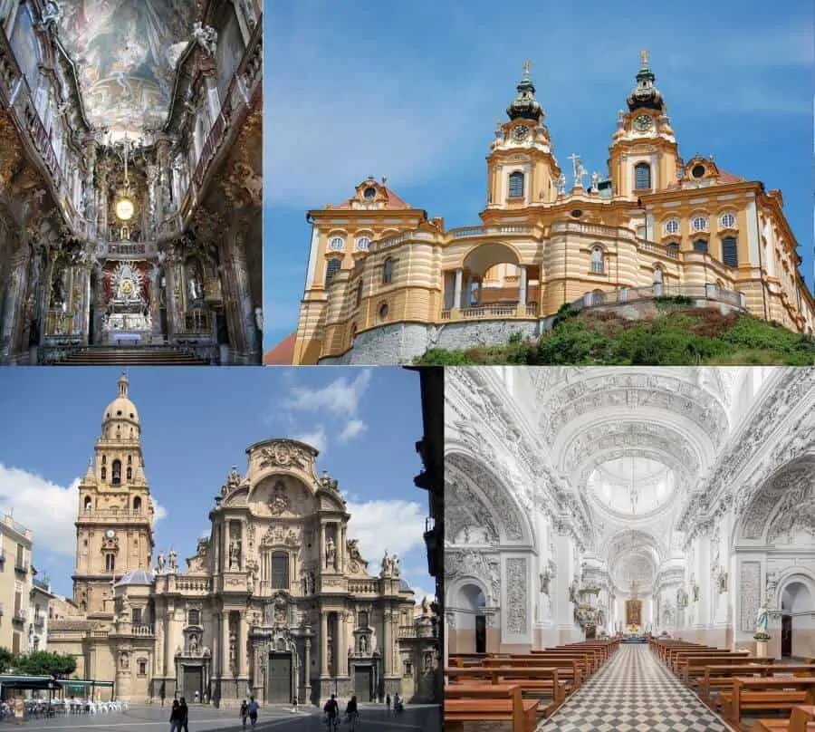 TLTR: Interior of Asam Church, Munich, Germany; Melk Abbey, Melk, Austria BLTR: Murcia  Cathedral, Murcia, Spain; Interior of St. Peter and St. Paul's Church, Vilnius, Lithuania