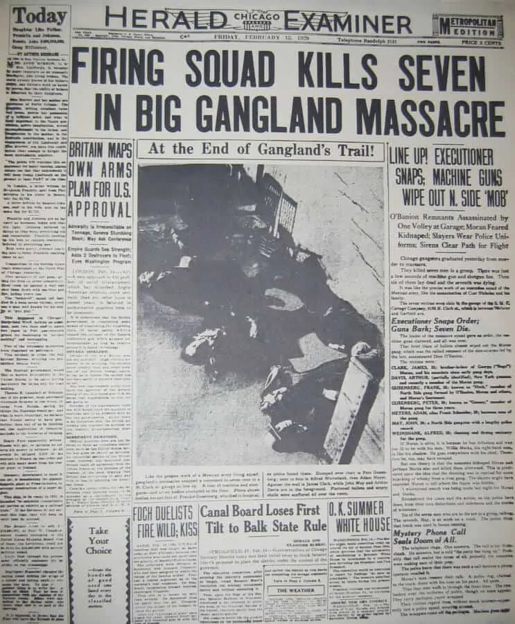 The front page coverage of the Saint Valentines Massacre in the Chicago Herald Examiner