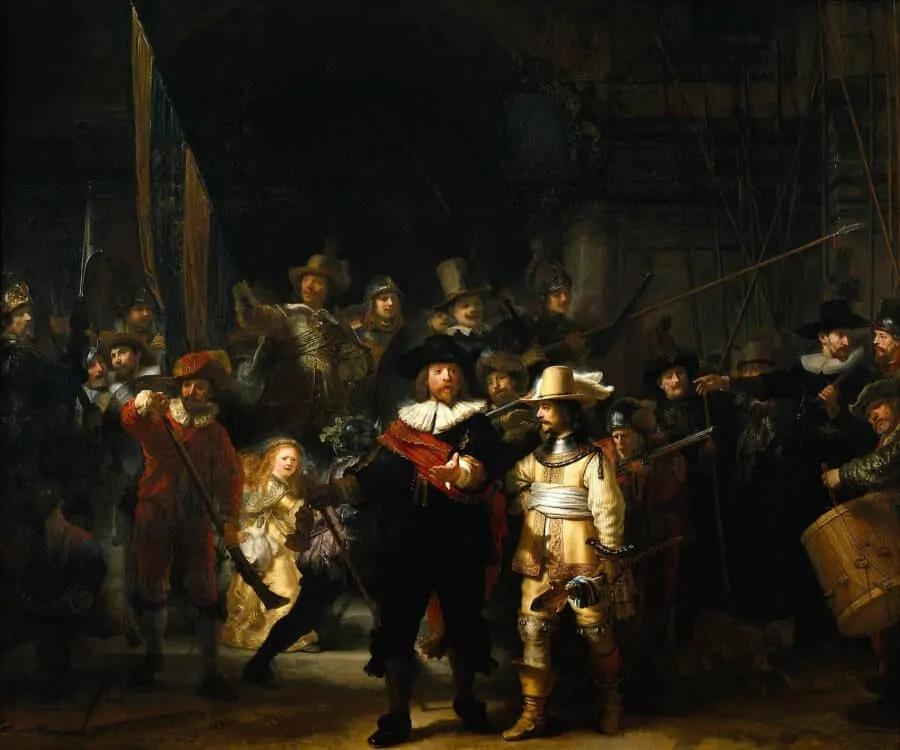 The Nightwatch by Rembrandt is an example of lighting, shading and reflection