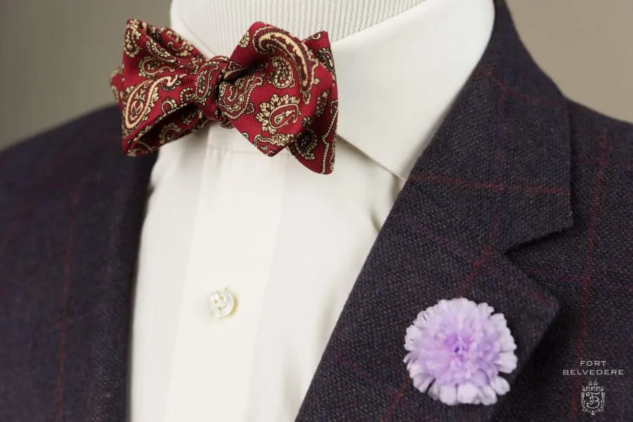 Ancient Madder Silk Paisley Bow Tie in Red & Buff paired with Field Scabious Boutonniere - Fort Belvedere