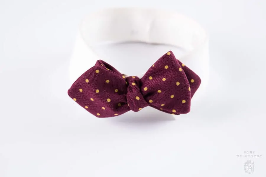 Bow Ties on Collar Wool Challis Burgundy Red with Yellow Polka Dots - Fort Belvedere