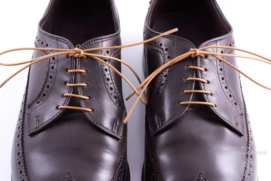Light Brown Cotton Shoelaces on Dark Brown Derby Shoes with Bar Lacing