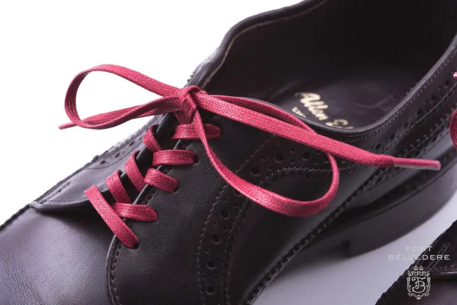 Red Flat Waxed Cotton Laces on Derby Shoe in Criss Cross Lacing