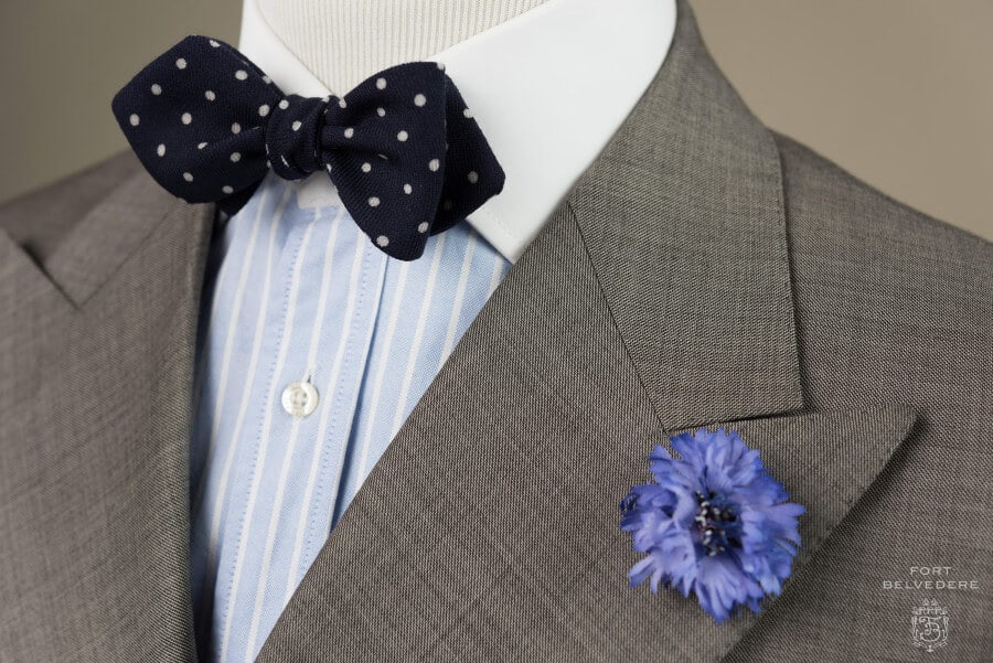 Winchester shirt with Wool Challis Navy Bow Tie with White Polka dots paired with Blue Cornflower Boutonniere Buttonhole Flower Silk - Handmade by Fort Belvedere