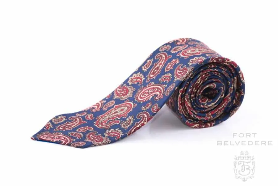 Real Ancient Madder Silk Tie in Blue with Reg & Buff Paisley Handmade by Fort Belvedere