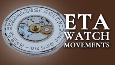 A close-up an ETA-ESA 955.414 watch movement; text reads, "ETA Watch Movements"