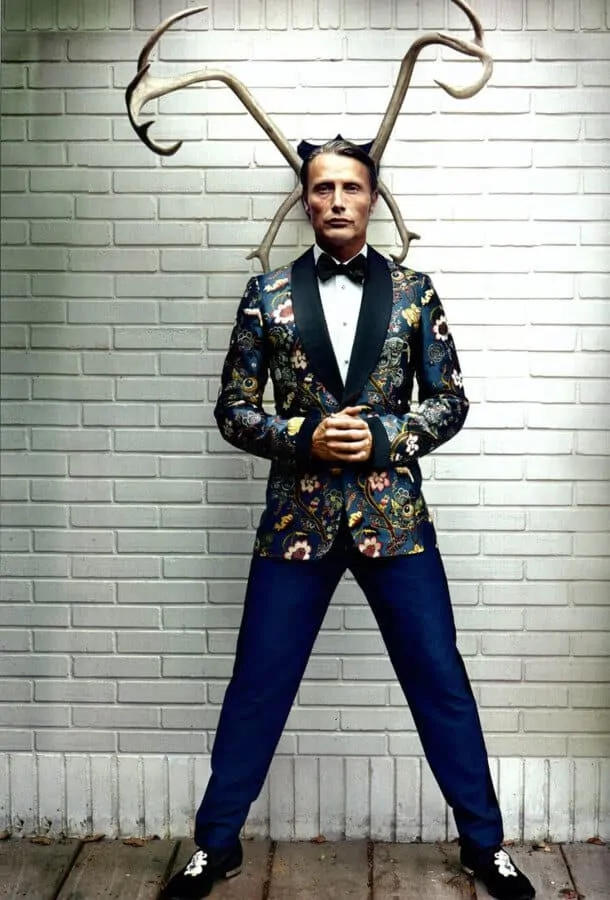 The bold style of Hannibal, with a floral tuxedo jacket