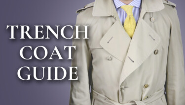 Raphael in a khaki trench coat, striped shirt, and Knit Tie in Solid Pale Yellow Silk from Fort Belvedere; text reads, "Trench Coat Guide"
