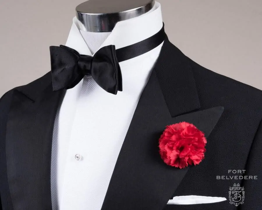 Black Bow Tie in Silk Satin Sized Butterfly Self Tie with Red Carnation Boutonniere and Classic White Irish Linen Pocket Square - Fort Belvedere
