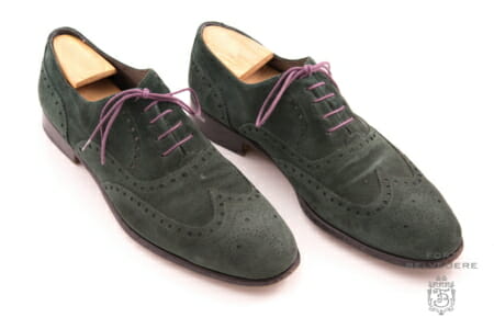 Green suede full brogue with purple shoelaces by Fort Belvedere