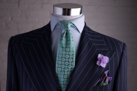 Chalk stripe suit by Ralph Lauren Purple Label with Hydrangea Silk Petals, Wool Pocket Square Large Paisley & Tie in Green Jacquard - by Fort Belvedere (2)