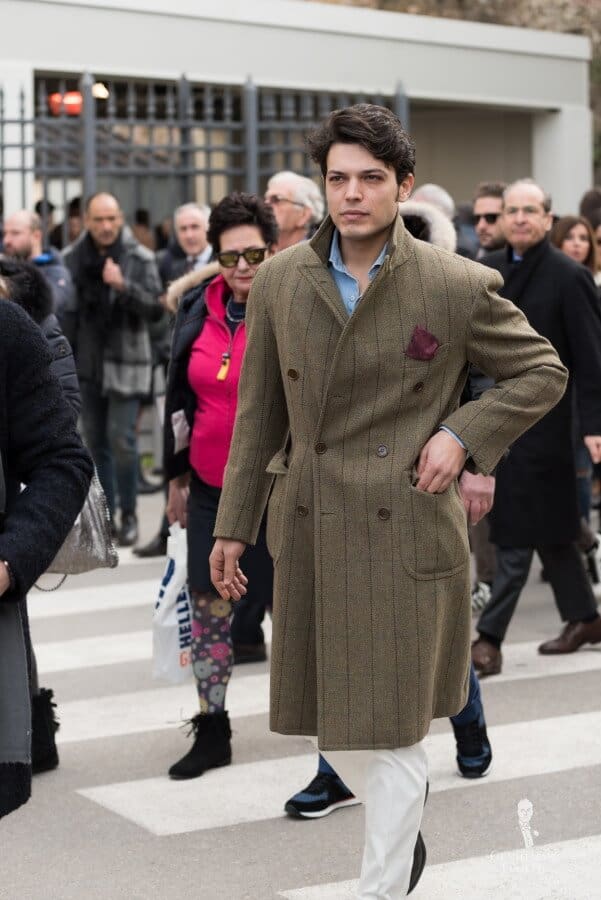 Double Breasted Overcoat without scarf and popped collar - a very common trend at Pitti