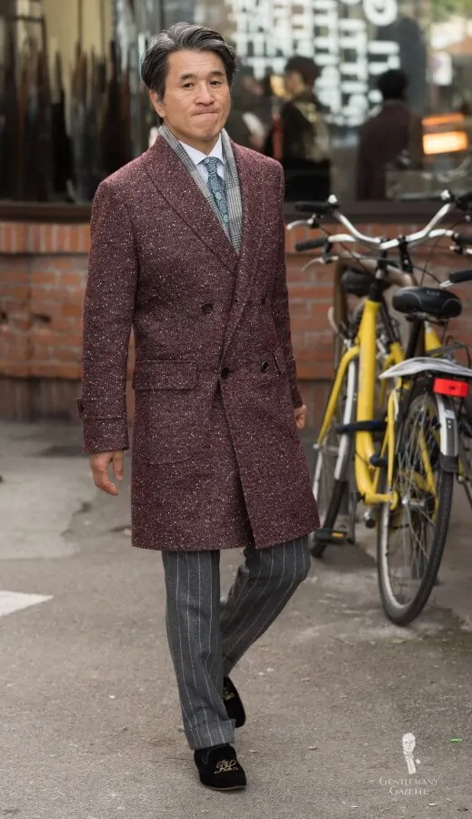 Shawl Collar burgundy overcoat with bold checked with grey striped trousers and Ralph Lauren slippers