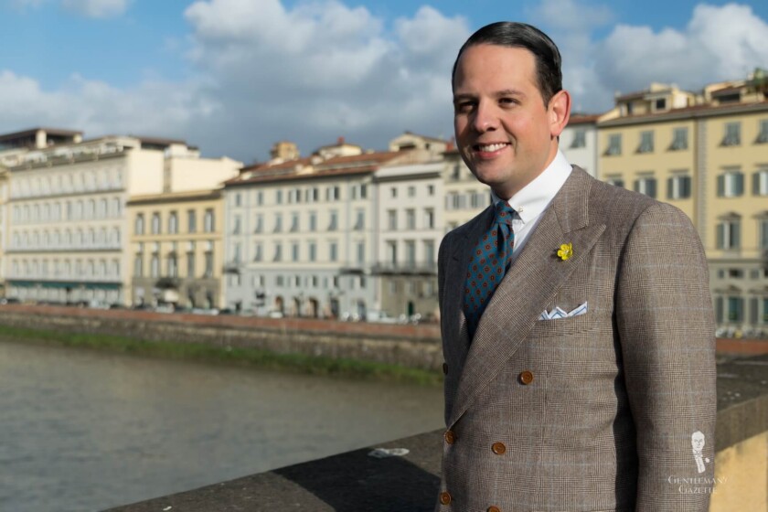 Raphael in Firenze wearing a vintage brown flannel glencheck suit