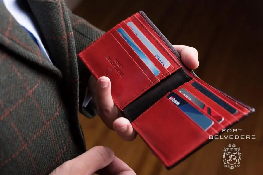 Mens Leather Wallet in Black & Red Boxcalf for 10 Credit Card by Fort Belvedere