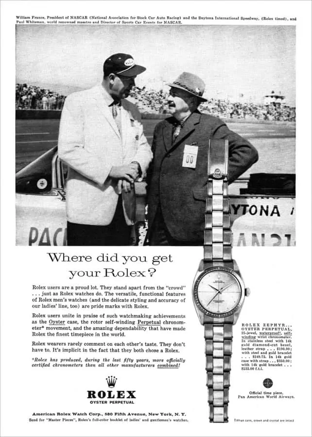 The William France partnership ad with Rolex
