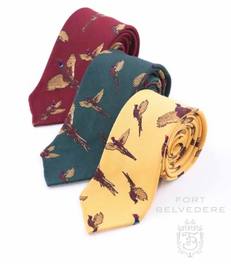 Wool Challis Yellow, Green, Burgundy Pheasant Ties by Fort Belvedere - ideal for hunting and shooting