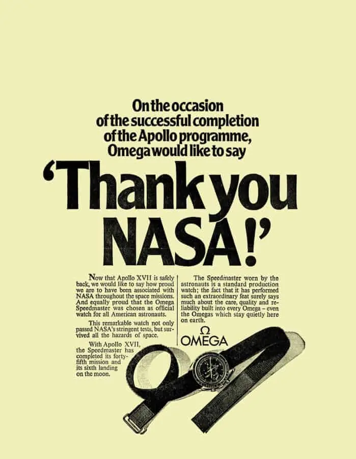 A vintage ad launched by Omega after the Speedmaster saved the lives of the Apollo 13 crew