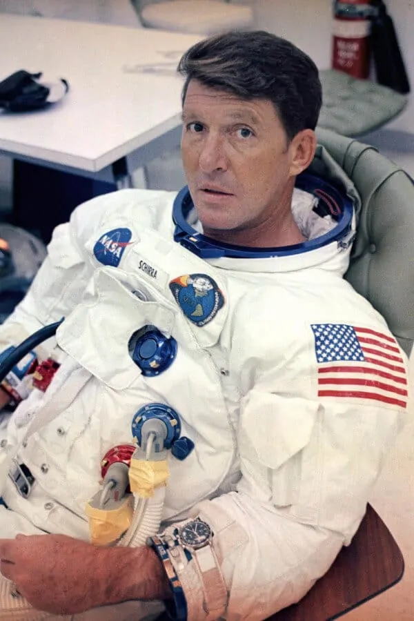 Astronaut Wally Schirra wearing his Omega Speedmaster during training
