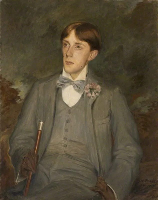 Aubrey Beardsley wearing a bow tie tone-in-tone with his three piece suit. Note the boutonniere with cane and gloves