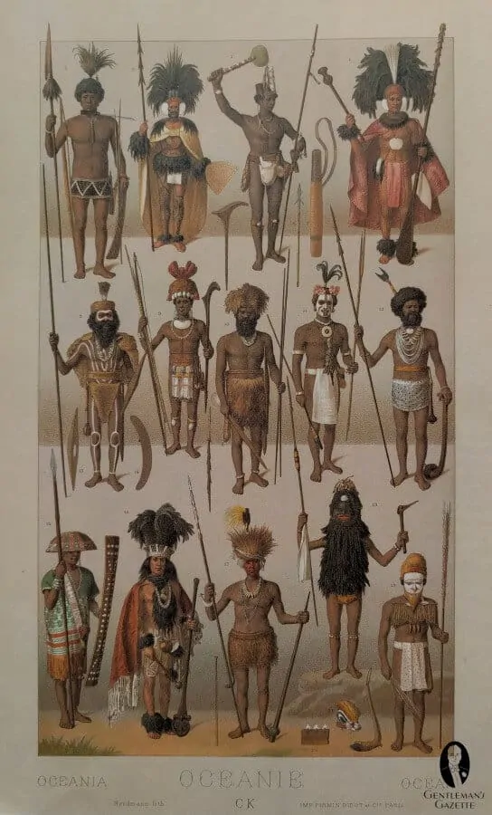 Auguste Racinet's Costume History Page showing the people of Oceania wearing neckwear made of bone, beads and pearls