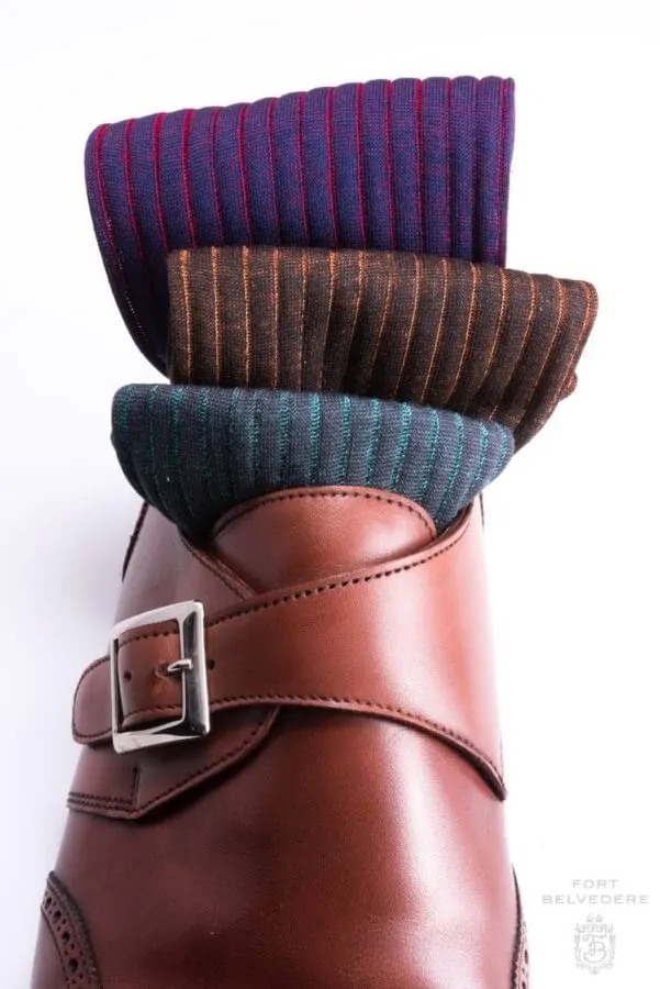 Navy Blue and Red orange Turquoise grey charcoal Ribbed Over the Calf Socks with Shadow Stripes Cotton Fil d Ecosse - Made in Italy by Fort Belvedere