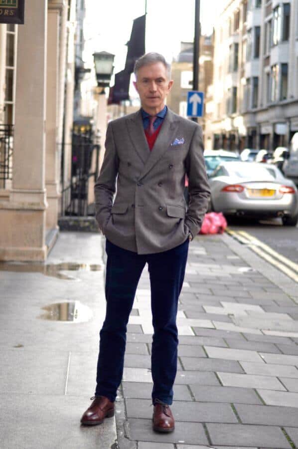 Grey Fox With Db Combination In Borwn And Blue With Madder Tie And Captoe Derby Shoes2 Grey Fox with DB combination in borwn and blue with madder tie and captoe derby shoes