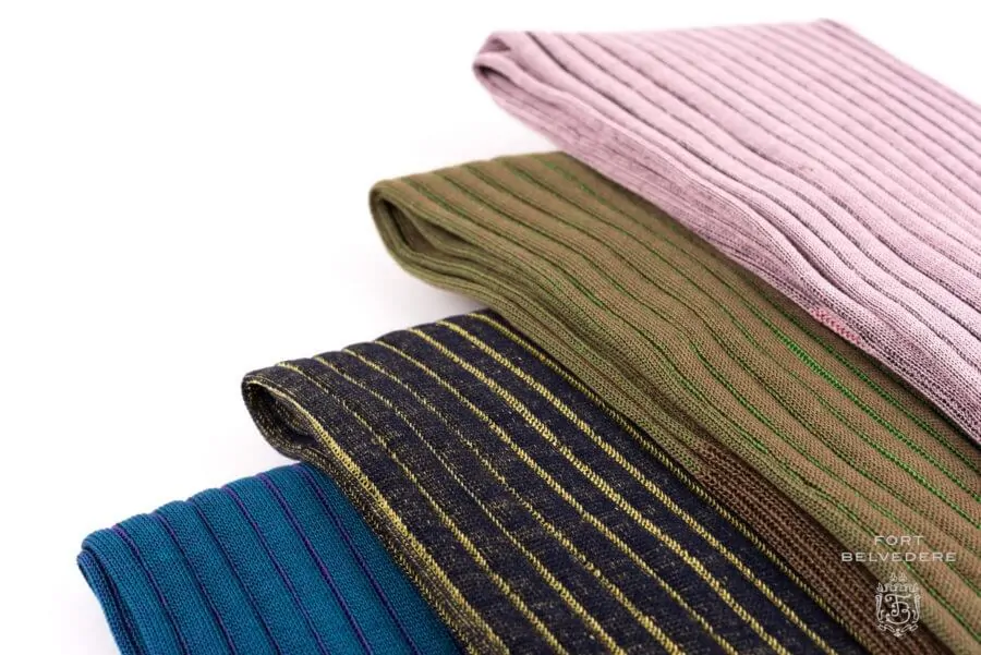 Pink grey - brown green - teal purple -navy yellow over the calf Ribbed Shadow Stripe Mens Socks 100% Cotton- Fort Belvedere Made in Italy