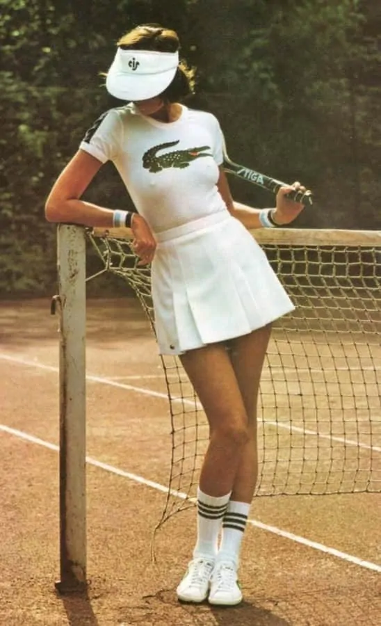 A woman wearing Lacoste tennis attire after skirts became common