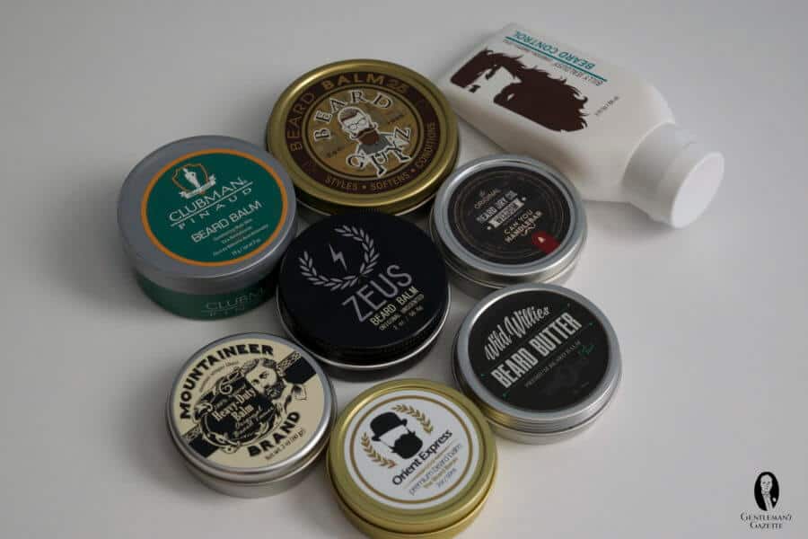 Beard balm selection from clubman, Beard Guyz, Mountaineer, Zeus, Can You Handlebar, Orient Express, Wild Willies