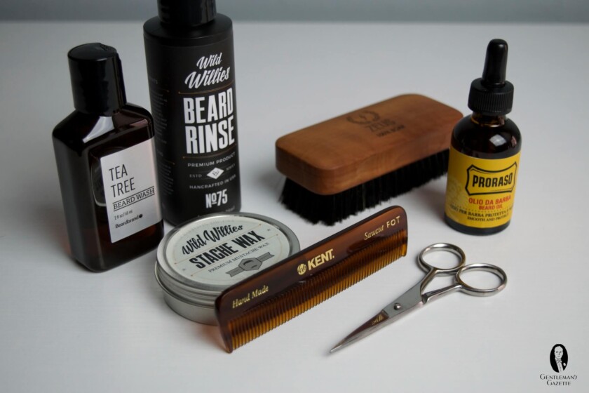 A photograph of various beard care products _ tools