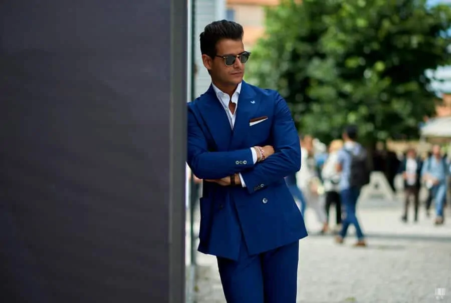 Blue summer suit with mother of pearl buttons and patch pockets - photo by beforeeesunrise